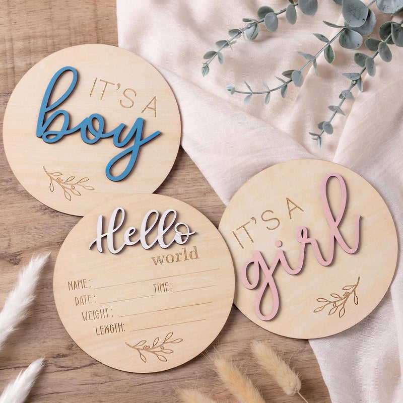 Giftacity Gender Reveal Sign for Baby Birth: 3Pcs It's A Boy Girl & Hello World Announcement Sign for Hospital - Wooden Newborn Welcome Board for New Boys and Girls - Image 1